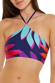 [Trina Turk] Women's Standard Wailea High Neck Bikini Top, Tropical Print, Adjustable, Tie Back, Swimwear Separates