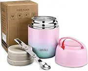 17 oz Insulated Lunch Containers Hot Food Jar, Wide Mouth Lunch Thermos for Hot Food Kids Adults, Vacuum Stainless Steel Thermos Lunch Box with Handle Folding Spoon for School, Office (Blue-Pink)