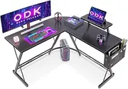 ODK Gaming Desk 127x127x77cm, L Shaped Desk with Monitor Stand&Storage Bag, Metal Legs, Corner Gaming Table with Headphone Hook for Home Office Bedroom Study, Black