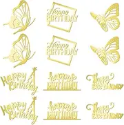 12pcs Happy Birthday Cake Toppers, Mirror Acrylic Cake Topper Exquisite Side Cake Decorations Birthday Cake Charm for Cake Decorating Supplies Kit DIY Cake Decor (Gold)