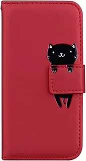 CrazyLemon Cute Case for iPhone 5 5S iPhone SE, Creative Cartoon Cat Animal Pattern Colorful Special Design Magnetic Flip Soft PU Leather Shockproof Wallet Phone Case Cover with Card Slots - Red
