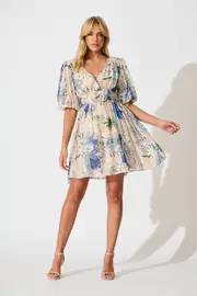 Soleil Dress Half Sleeve in multicolor Beige with Blue Multi Floral 8