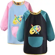 fanksoow 2 PCS Kids Painting Apron for Kids Toddler Waterproof Long Sleeve Smock with Pockets for Painting Crafts Cooking Eating
