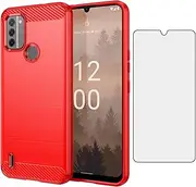 [Asuwish] Phone Case for Nokia C31 with Tempered Glass Screen Protector Cover and Cell Accessories Slim TPU Silicone Rubber Soft Hybrid Protective C 31 31C 4G NokiaC31 Women Men Carbon Fiber Red