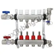 4-Branch PEX Radiant Floor Heating Manifold Set - Stainless Steel, for 1/2” PEX