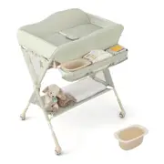 Costway 4 Wheels Foldable Change Table w/Water Basin Storage Nursery Table 3 Height Adjustment Green