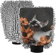 XYMZR Absorbent Microfiber Car Wash Mitt Hairless Cat Flowers, Funny Cute Anime Scratch Free for Cars Cleaning, Home Cleaning Mitts, 2 Pack, 10.24” L x 7.09” W