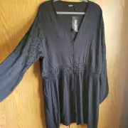 Boohoo NWT Plus 16 1X Black Lacy Gauze Dress Beach NEW Boho