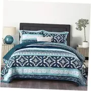 Cotton Bedspread Quilt Sets-Reversible Patchwork Coverlet Set, King Blue/Navy