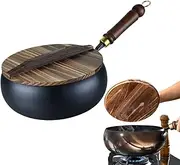 Cast Iron Wok | 28cm Frying Pan with Wooden Handle | Uncoated Hand Forged Big Belly Pot | Household Restaurant Heat-Resistant Iron Cookware for Beef, Chicken, Pork, Vegetables, Mushroom