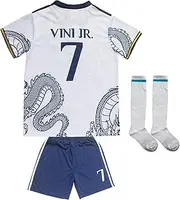 [LeenBD] 2023/2024 Vini Jr. No #7 Madrid Special White Dragon Edition Kids Soccer Jersey Socks Set Youth Sizes (White, 12-13 Years Old.)