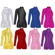 Girls Single Sleeve Gymnastic Leotard Sequin Ballet Dance Unitard Short Jumpsuit