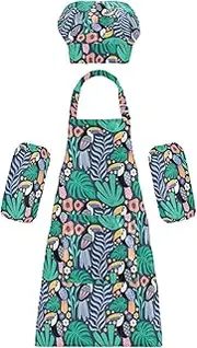 AIXIWAWA Kids Apron Chef Hat Set, Child Kitchen Bib Aprons Adjustable for Cooking Baking Painting (Toucan Bird Plant)