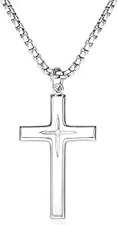 [AOKSUNS] 925 Sterling Silver Cross Necklace for Men Women Durable Stainless Steel Rolo Cross Chain 18K White Gold Plated Beveled Edge Black Gothic Rivets Textured Moissanite Crucifix Pendant Necklace 24”