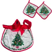 Gourmet Gallery Christmas Tree Red Green Holiday Apron and 2 Hot Pads NEW