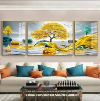 在飛比找Yahoo!奇摩拍賣優惠-客廳三聯裝飾畫輕奢現代簡約掛畫沙發背景墻壁畫大氣金福魚鹿掛畫