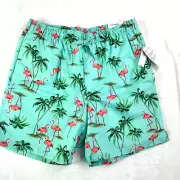 Old Navy Swim Trunks Size Medium Green/Pink Flamingo Palm Tree Print NEW