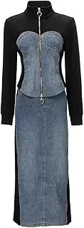 [HEYDHSDC] Autumn Women Denim Patchwork Suit Stand Collar Long Sleeve Coat+Pockets Pencil Skirt High Street 2 Piece Set
