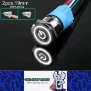 2 x 19mm Metal Push Button Switch White LED 12-24V Pre-Wired Self-Locking Switch