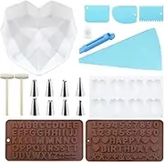 Glarks 20Pcs Silicone Chocolate Molds Kit Including 4Pcs Diamond Heart/Number/Letter Mold and 14Pcs Cake Decorating Tool with 2Pcs Wooden Hammers for Home Kitchen DIY Tools