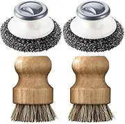 Stainless Steel Scrubber with Handle and Wooden Cleaning Scrubbers ，Heavy Duty Cleaning Supplies for Pots, Pans, Grills, Ovens & Other Tough Jobs (2PStainless Steel Scrubber+2PCoconut Palm bristles)