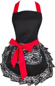 Black Lace Flirty Apron with Pocket, Fun Retro Sexy Cooking Pinup Aprons for Wom