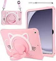 [IXTRA] Tablet Case for Samsung Galaxy Tab A9 Plus 11 Inch 2023 SM-X210/X216/X218 with Rotating Handle Kickstand Shoulder Strap Soft Silicone Cute Cat Cartoon A8 Case Cover for Women Girls Kids, Pink
