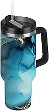 RPLIFE Deep Blue Turquoise Watercolor Marble Tumbler with Handle 40 Oz Water Cup with Straw and Lid, Stainless Steel Tumblers for Women Men Travel