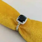 2Ct Cushion Cut Simulated Black Diamond Women Ring In 14K White Gold Plated
