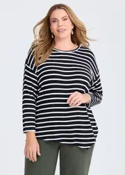 [Virtuelle] Taking Shape Stripe Asymmetrical Rib Top Size 30 in Black / OFF White, Viscose - Plus Size Women's Clothing Black / Off White