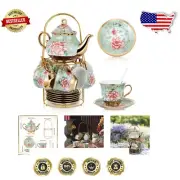 Luxury 20-Piece Tea Party Set - Porcelain Teapot, Cups & Spoons with Gold Trim