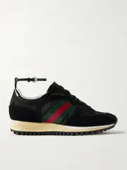 [Gucci] Gucci - Nora Webbing And Leather-trimmed Suede And Canvas-jacquard Sneakers - Black - IT37 IT 37 Black