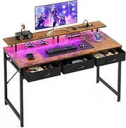 BilySen 120CM Gaming Desk, Computer Desk with Charging Station and LED Light，Home Office Desk with Monitor Stand and 3 Fabric Drawers Storage, Rustic Brown
