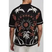 Mens Black Relaxed Fit Scenic Palm Tree Jacquard Knitted Shirt
