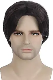 STfantasy Men Wigs Black Short Straight Layered Natural Synthetic Hair Middle Part Wig for Male Guy Daily Costume Cosplay Party w/Cap (Black)