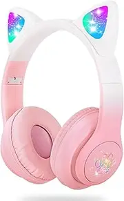 Wireless Headphones Kids, Cat Ear LED Light Up Foldable Kids Bluetooth Headphone,HD Stereo Sound Childrens Headphones Built in Microphone for PC/Phone/iPad/Study/Travel (Gradient Pink)
