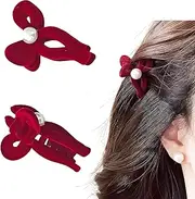 2pcs Women's Red Velvet Faux Pearl Knot Bow Tie Hair Clip + Small Faux Pearl Hair Claw Clips, Elegant Campus Look, Suitable For Party Outfit, Dance Outfit And Daily Use Valentine's Day Valentines