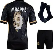[Gokaynex] Mbappe Children's #9 Football Set with Jersey, Shorts, Socks, Key Ring, Stickers, Shin Pads, Christmas Hat, Real Madrid Jersey for Training, Leisure, (4-14 Years)