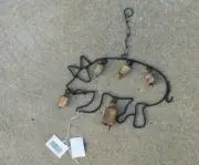 VINTAGE HAND MADE WELDED METAL PIG with DANGLING BELLS WIND CHIME