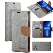 Goospery Canvas Apple iPhone 12 Mini Wallet Leather Case Denim Stand Flip Fabric Pouch Credit Card Slots Cover - Black