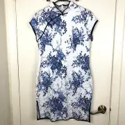 NWT Vintage Asian Chinese Cheongsam Qipao Floral White Blue Purple Dress M/L