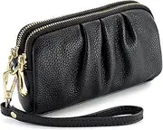 [CUCUFA] Wristlet Wallets for Women, Leather Wristlet Wallet Black Ruched Wristlet Cell Phone Purse with Wrist Strap