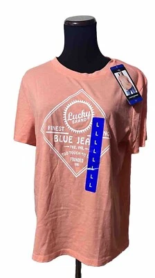Lucky Brand Shirt Womens Large Blue Jeans Apricot Blush Peach White Cotton Blend