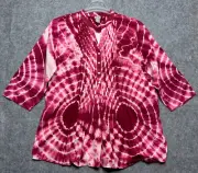 Chicos Shirt Womens 16 Pink Tie Dye Tunic Cabana Boho Beachy Henley Festival Fun