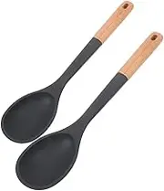 Generic 2pcs Chinese Spoon Large Wooden Cooking Spoon Heat Resistant Silicone Turner for Stirring Flipping