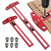 2 in 1 Woodworking Drilling Positioning Scribing Ruler Aluminum T Square Dowelling Jig Metric Inch Scale 6/8/10mm Sleeve