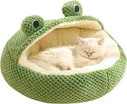 Hooded Cat Bed Frog Kitten Bed Long Plush Winter Autumn Thermal Cute Cartoon Non-Slip Pet Bed Detachable Insert Soft Dampproof Cat Bed, Round with Half Roof