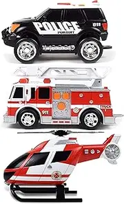 Sunny Days Entertainment Mini Rescue Vehicles 3 Pack – Lights and Sounds Pull Back Toy Vehicle with Friction Motor | Includes Police SUV Fire Truck and Helicopter – Maxx Action
