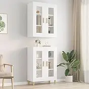 Modern White Hanging Wall Cabinet with Glass Elements - 69.5x34x90 cm, Engineered Wood Cabinet, Ample Storage for Kitchen, Living Room, or Dining Room - Versatile Home Organizer