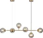 KCO Modern Globe Sputnik Chandelier, 6-Light Gold Linear Pendant for Kitchen Island, Dining Room, Living Room - Smoke Gray Glass, Mid Century Style